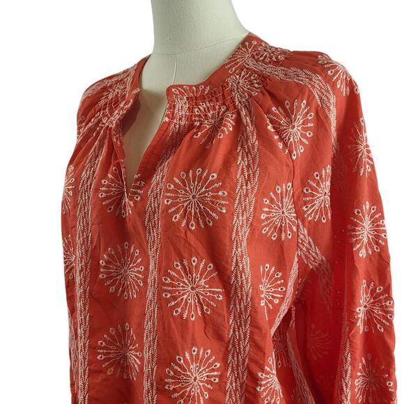 NEW Easel Small Red Tunic Blouse All Cotton Pullover White Eyelet Smocked BOHO - Picture 8 of 15